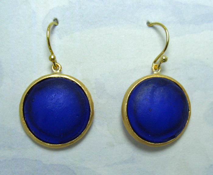 Round Cast Glass Drop Earrings in Cobalt